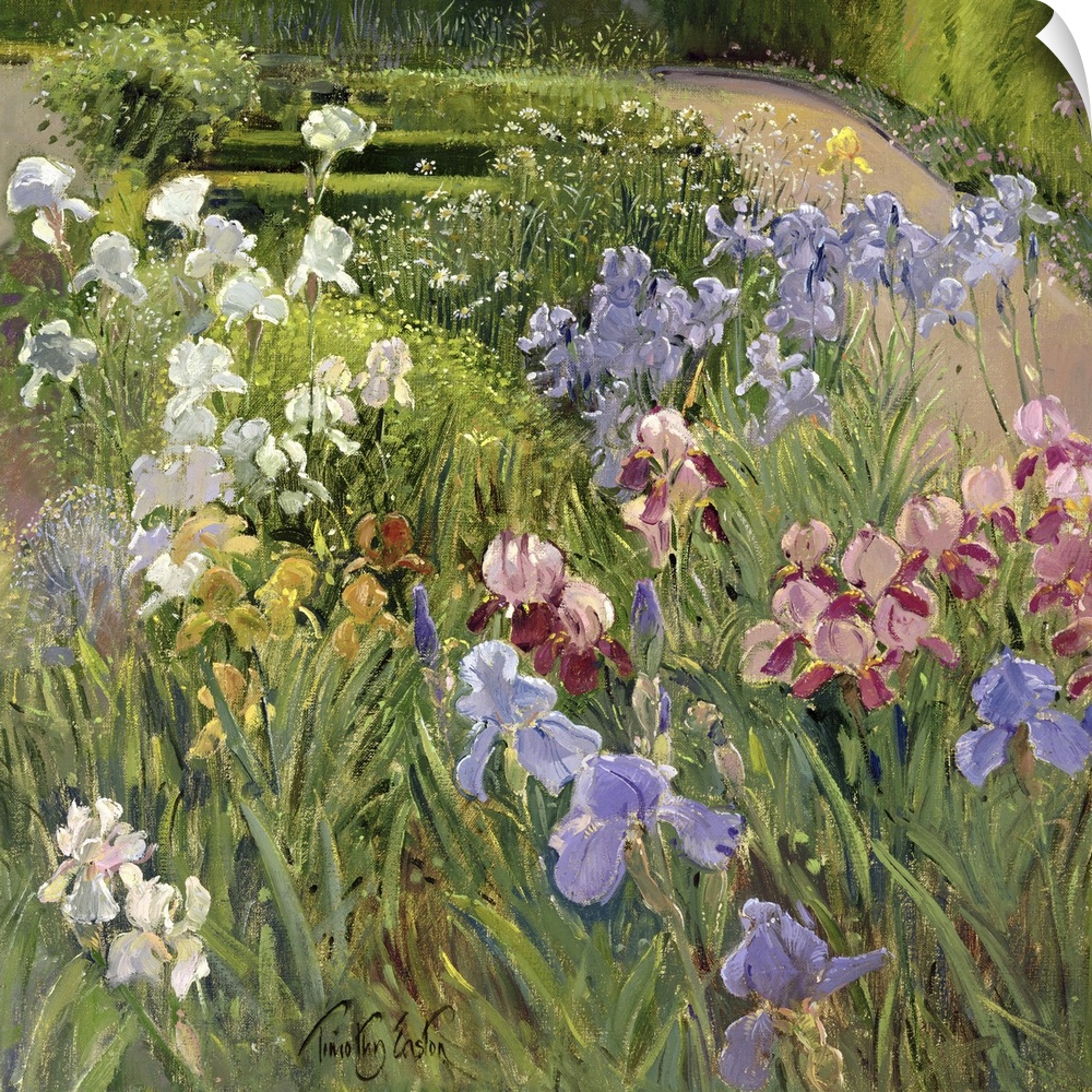 A beautiful painting of different types of flowers in a lush green garden.