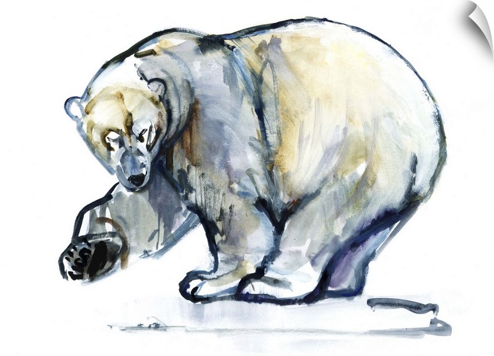 Contemporary artwork of a polar bear raising its paw against a white background.
