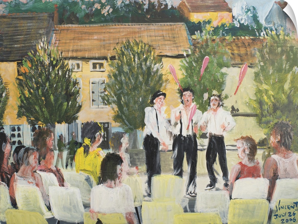 Contemporary painting of performers on a stage during a festival in France.