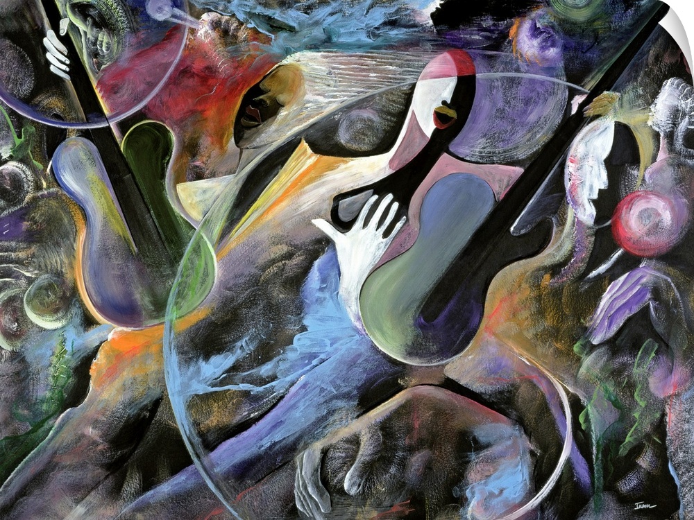 Contemporary, jazz inspired wall art of abstract figures playing string instruments in a night club.