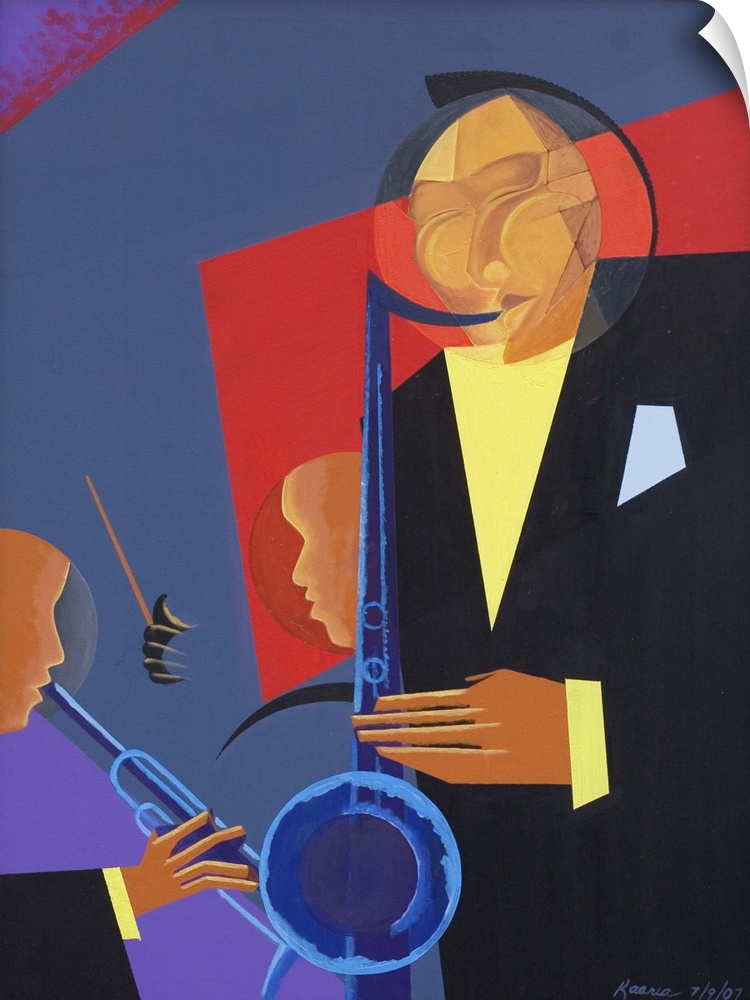 Abstract painting with oil of a guy on the right playing the saxophone and a guy on the left playing the trumpet.