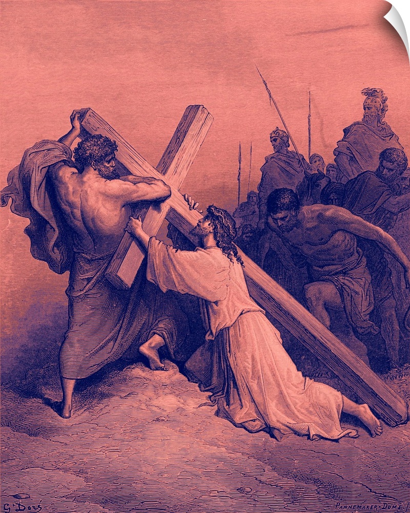 Jesus falling beneath the cross. Nineteenth-century engraving by Gustave Dore, 1832 - 1883. Cassell's Dore Gallery by Edmu...