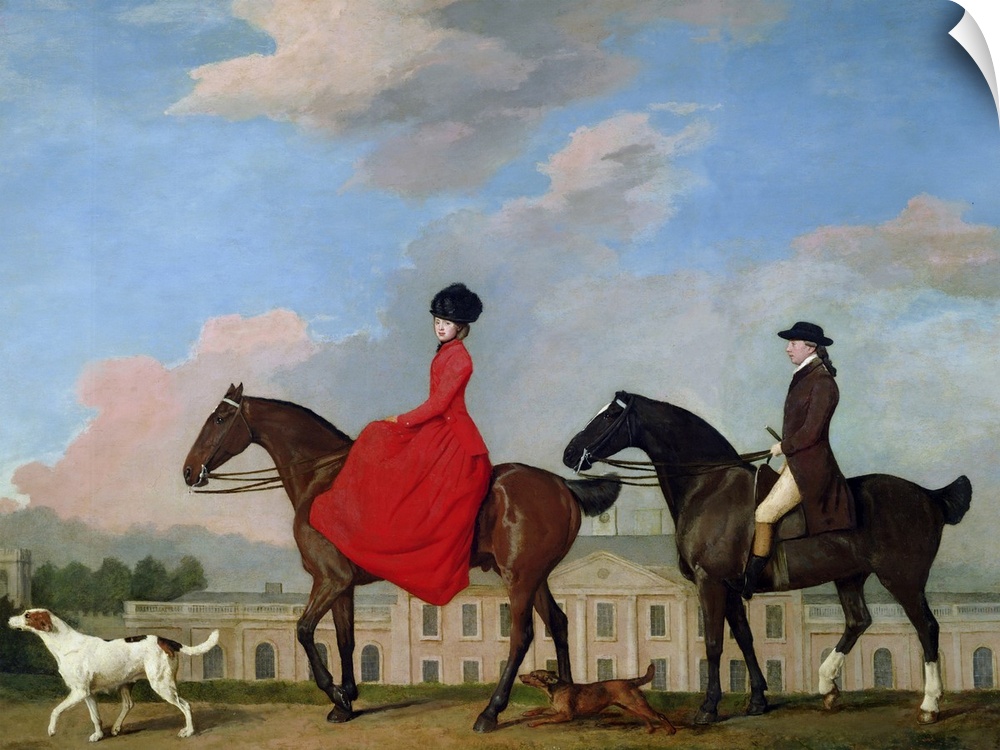 Classic artwork of a man and a woman riding their horses with their two dogs running along side them and a large house pic...