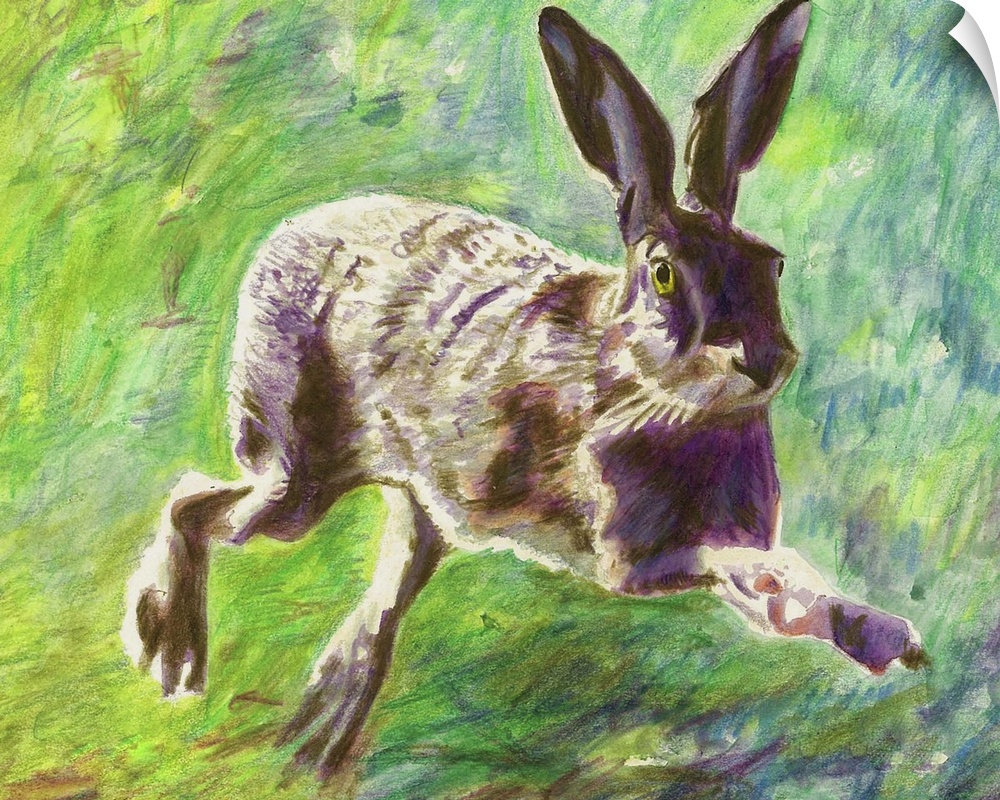 Contemporary painting of a hare leaping as it runs.