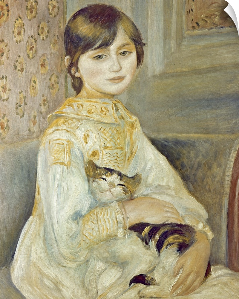 Classic artwork of a small girl as she sits on a couch with her hands wrapped around the cat on her lap.