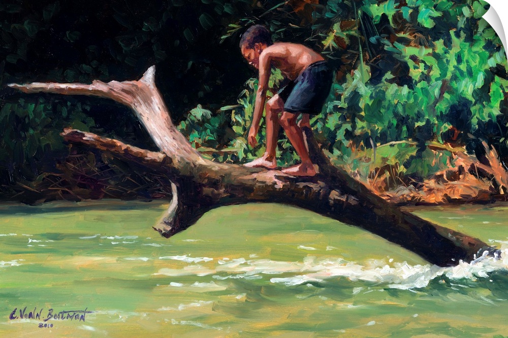 Contemporary painting of a boy on a tree ready to jump into the water.