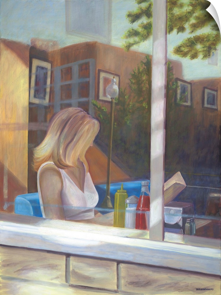 Contemporary painting of a woman reading in a diner, seen through a window.
