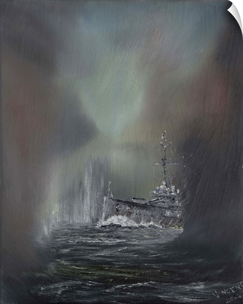 Contemporary painting of a ship on rough seas.