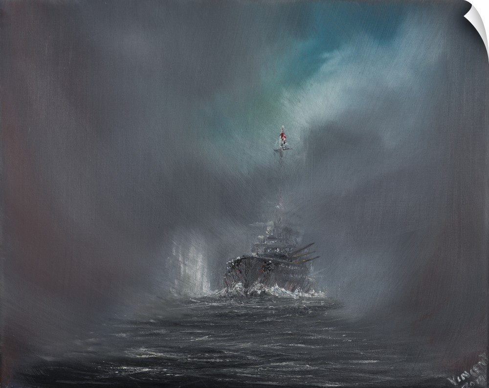 Contemporary painting of a battleship riding rough seas.