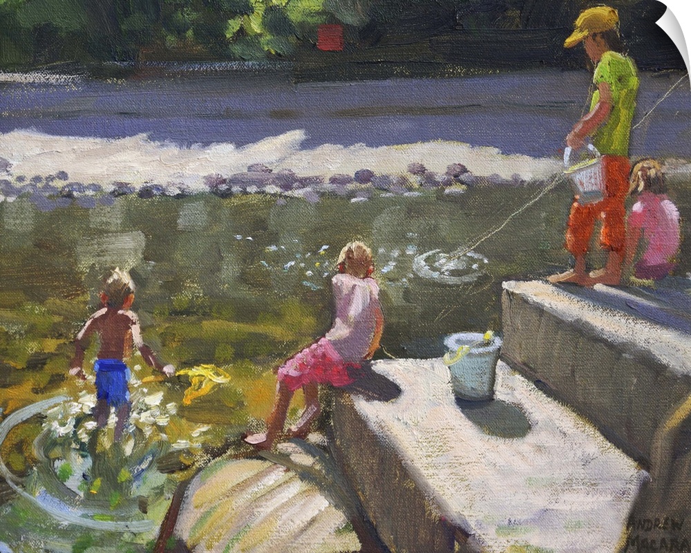 Contemporary painting of children sitting on large stones and fishing in a river.