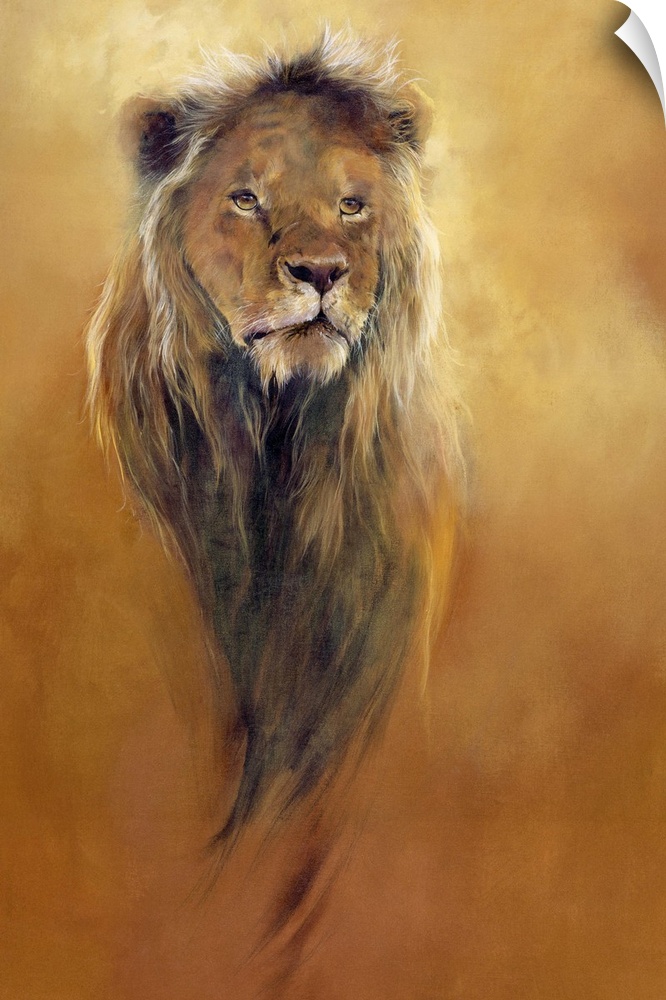 Big, portrait artwork on canvas of the face of a male lion, looking forward.  His mane flows down, while the rest of his b...