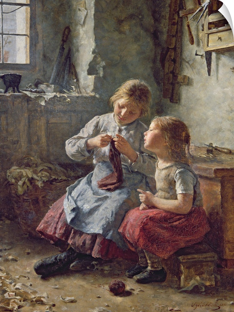 XKH147215 Knitting, 1891 (oil on canvas) by Glucklich, Simon (1863-1943); 72.5x53 cm; Hamburger Kunsthalle, Hamburg, Germa...