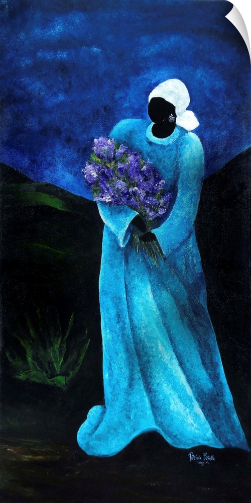 Contemporary painting of a woman carrying a bundle of flowers.