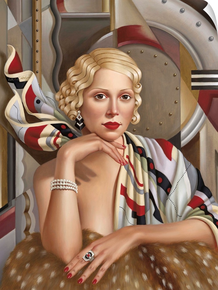 Contemporary art deco style painting of a woman with blonde hair against a geometric abstract background.