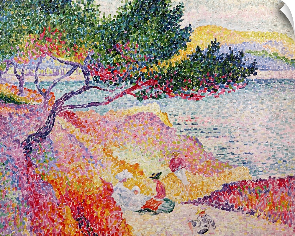 Oil painting of  people siting near a waterfront made up of little strokes of color.