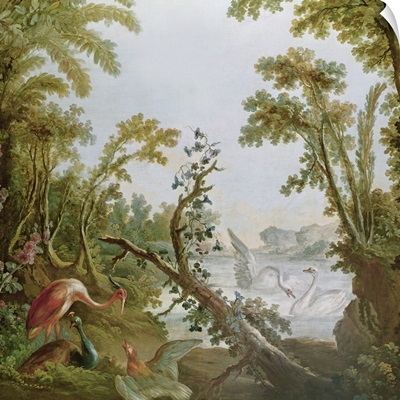 Lake with swans, a flamingo and various birds, from the salon of Gilles Demarteau