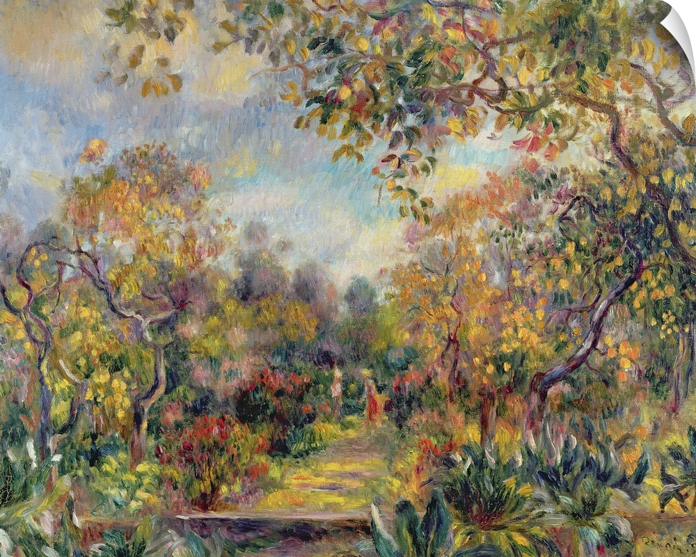 Oil painting of colorful forest on a sunny day.  There is a path grass covered path the leaves hanging overhead.