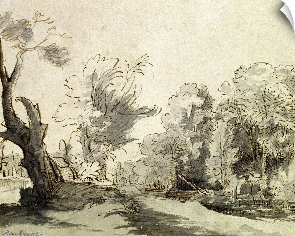 Landscape with a path, an almost dead tree on the left and a footbridge leading to a farm on the right