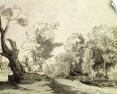 Landscape with a path, an almost dead tree and a footbridge leading to a farm