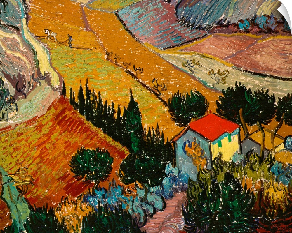 Big classic art depicts an aerial view of a man and horse plowing a field on a farm within a valley.  Surrounding the farm...