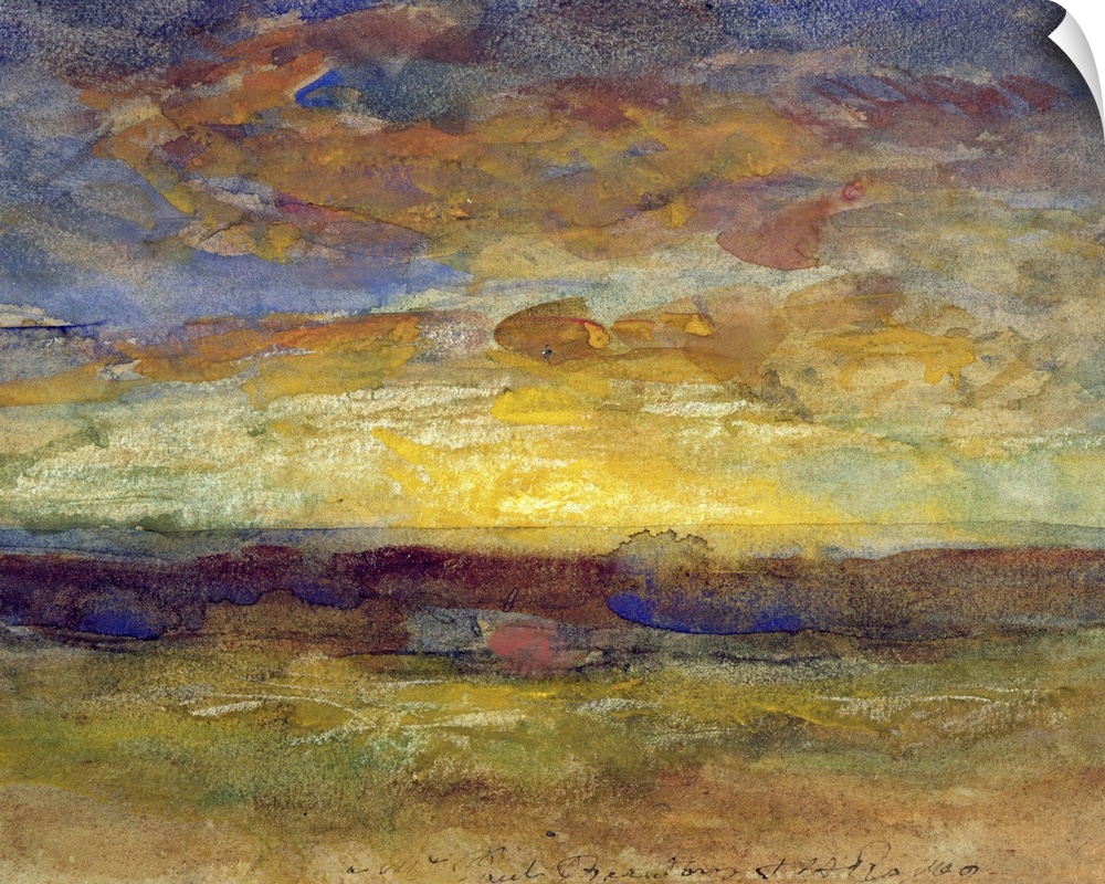 Classic art oil painting of blotches of colors that depict a setting sun off on the horizon.