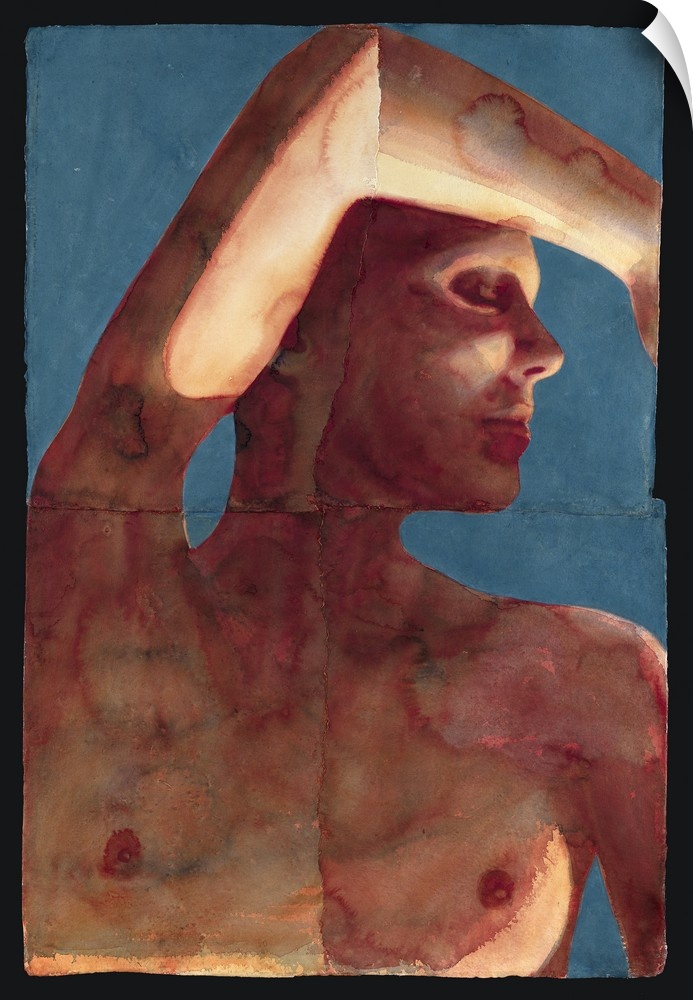 Contemporary painting of a nude female with her arm raised over head against a blue background.