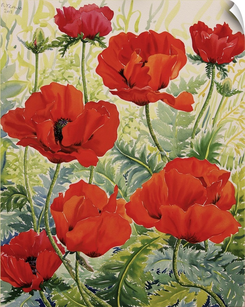 Contemporary painting of a patch of blooming red poppies.