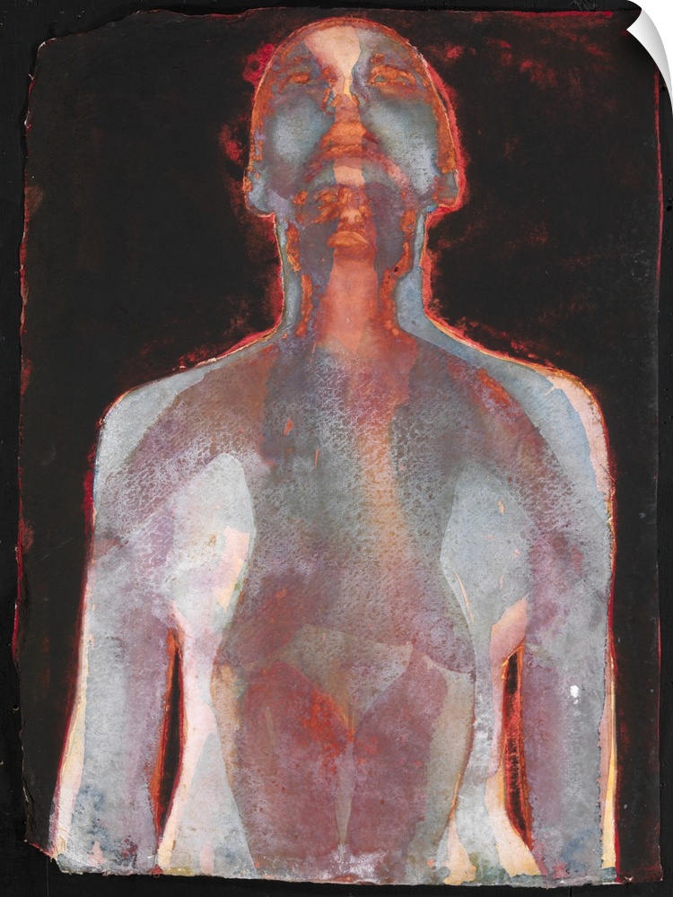 Contemporary painting of a nude figure in deep dark colors against a black background.
