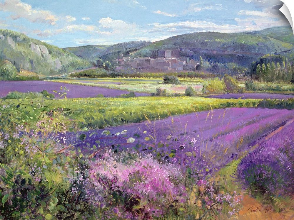 Big painting of fields of lavender with rolling hills in the background. Cooling tones are featured throughout the artwork.