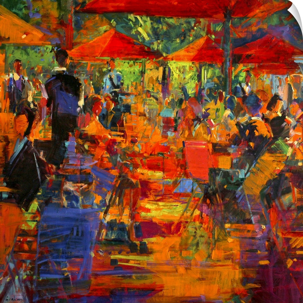 Giant, abstract canvas art of a cafo with many people seated under umbrellas, in a variety of vibrant colors and thick bru...