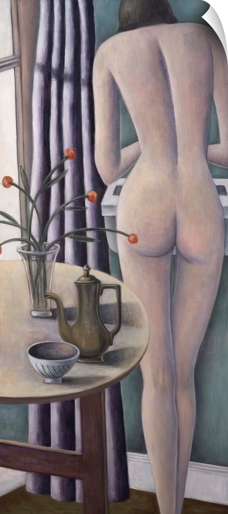 Contemporary painting of a nude woman standing beside a table.