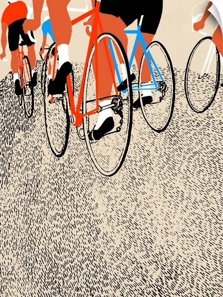 Contemporary painting of cyclists from a low angle view.