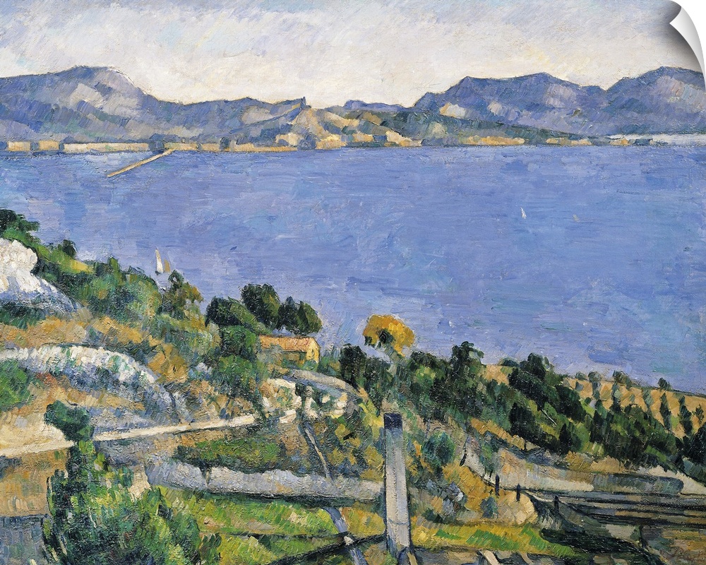Landscape classic painting of the blue waters of the Bay of Marseilles.  Trees and rocks cover the shore, and mountains ca...