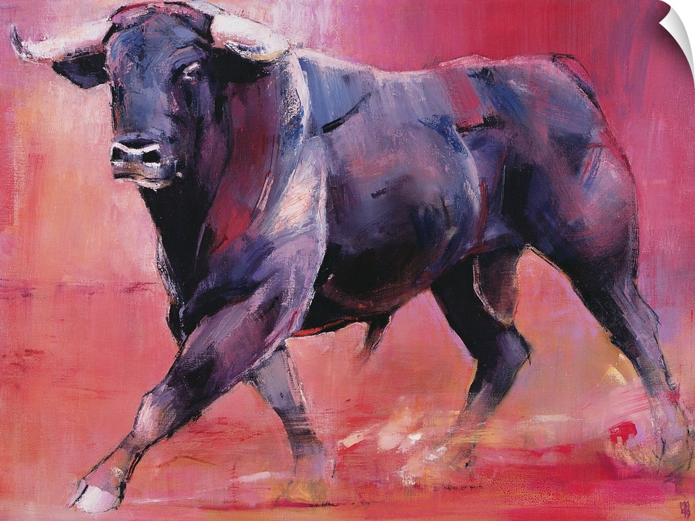 Contemporary painting of a large black bull.