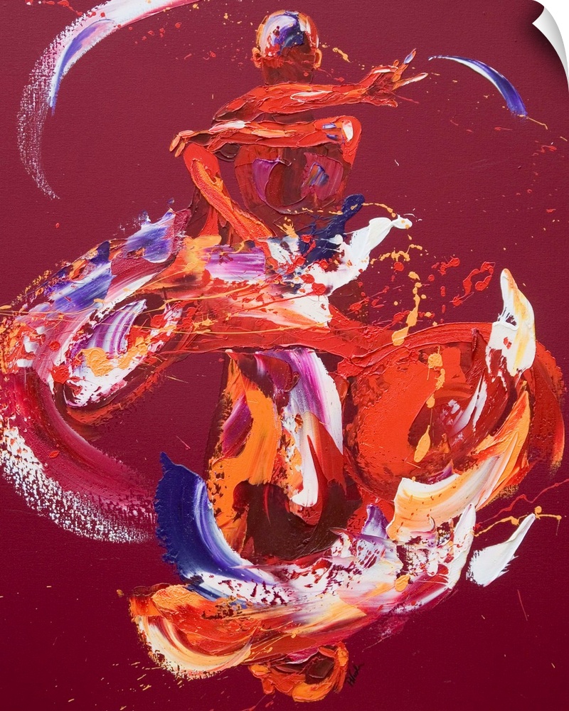 Contemporary painting using deep warm colors to create a woman dancing against a dark red background.