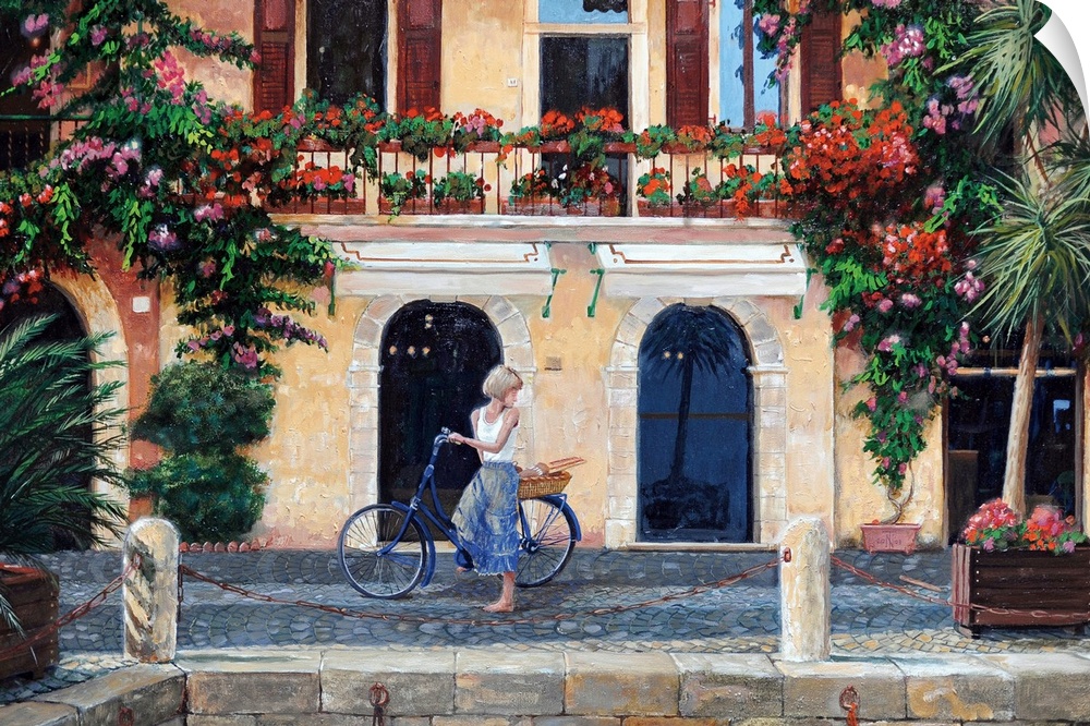 Big oil painting on canvas of a woman riding a bike through an Italian street.