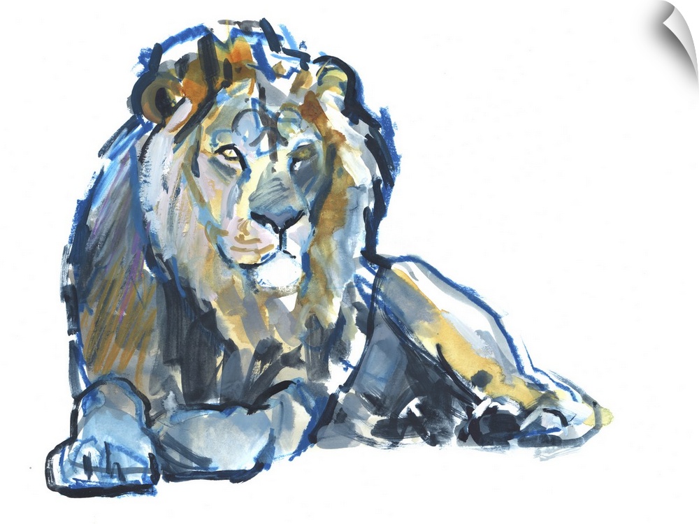 Contemporary artwork of a lion outlined in blue and filled in with color on a solid white background.