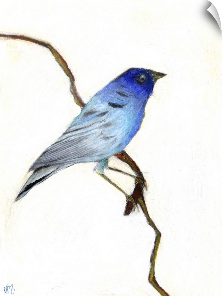 Contemporary painting of a blue bird on a thin branch against a neutral background.