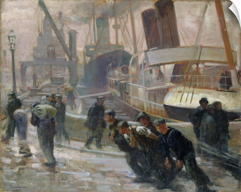 XIR36941 Liverpool Dockers at Dawn, 1903 (oil on canvas)  by Tardieu, Victor Francois (1870-1937); 61x76 cm; Musee d'Orsay...