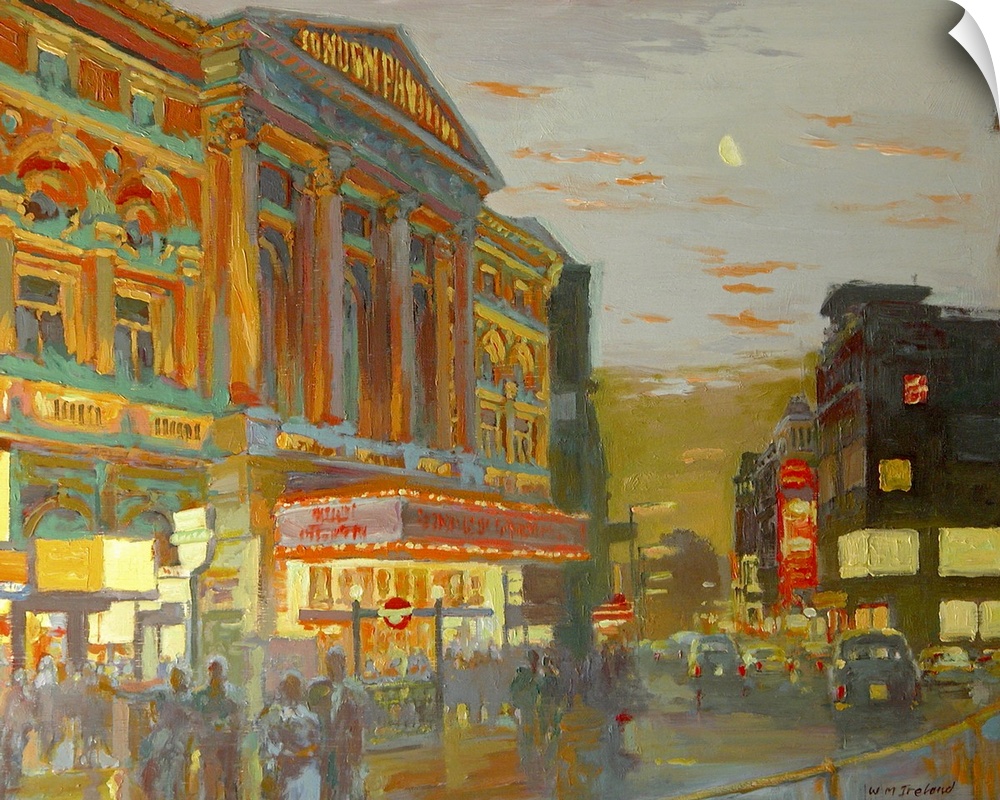 Large painting on canvas of a London street in the evening.