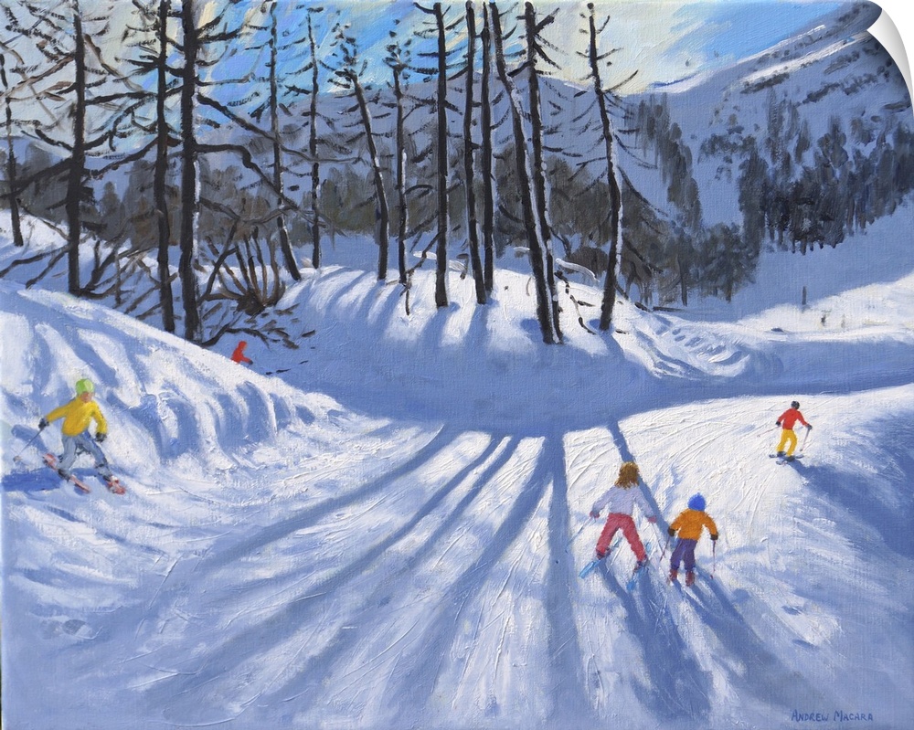 Long tree shadows and skiers, Tignes, 2016-2019. Originally oil on canvas.