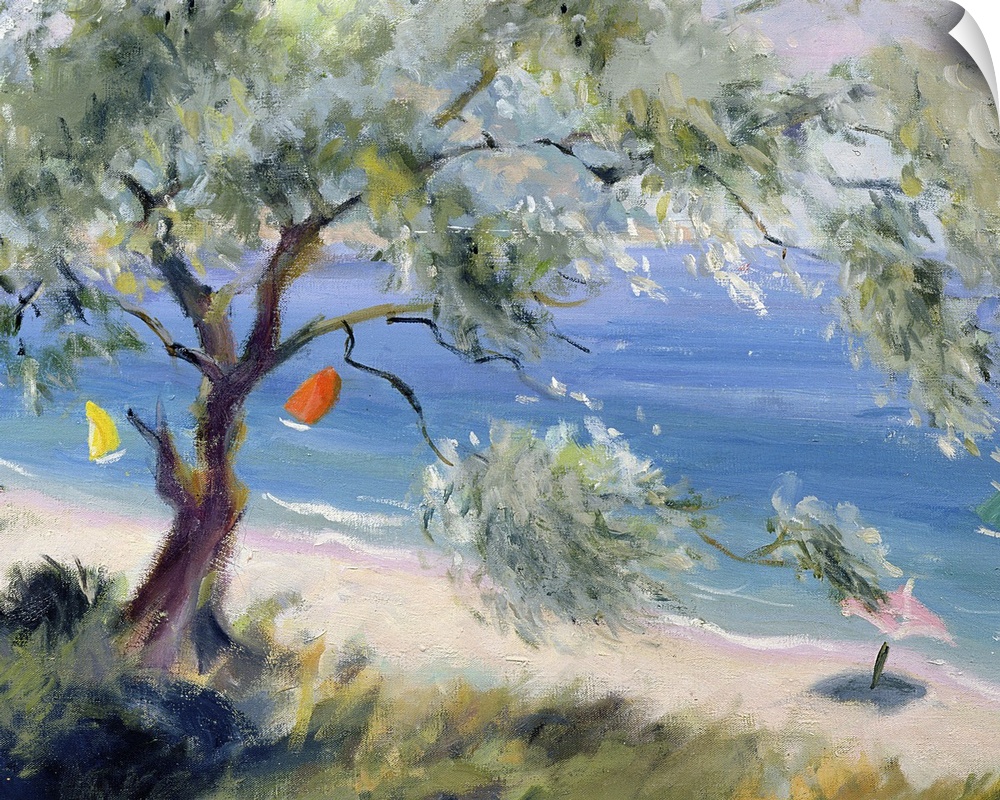 Contemporary oil painting of a tree overlooking a beach with umbrellas and brightly colored sailboats.