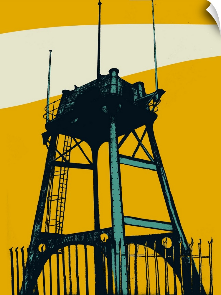 Contemporary illustration of a lookout tower in a muted color scheme.