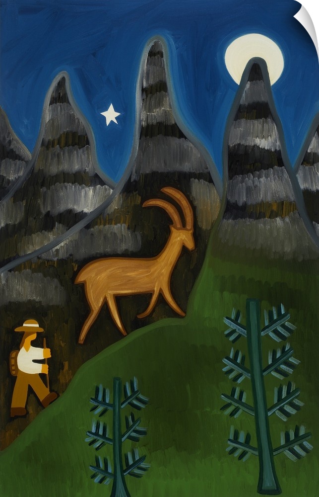 Contemporary painting of a goat in a forest at night.