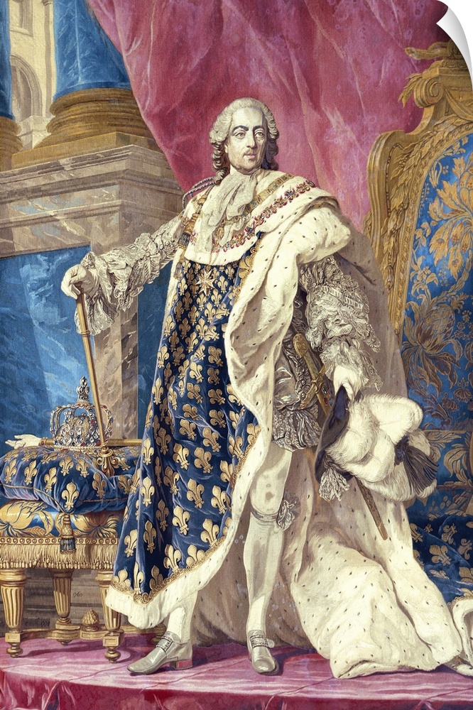 Louis XV (1710-74) in Coronation Robes (tapestry) by French School, (18th century); Chateau de Versailles, France; Giraudo...