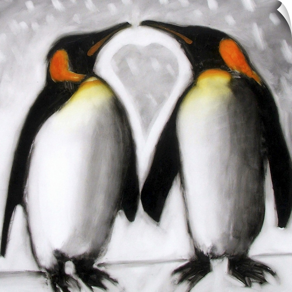 Contemporary artwork of two penguins standing next to each other almost beak to beak with a heart shape formed in between ...