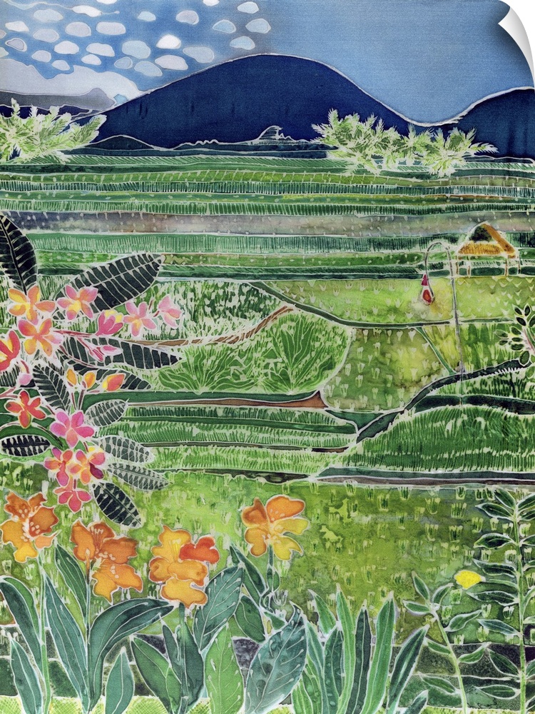 Contemporary painting of a valley of agricultural fields and tropical flowers.