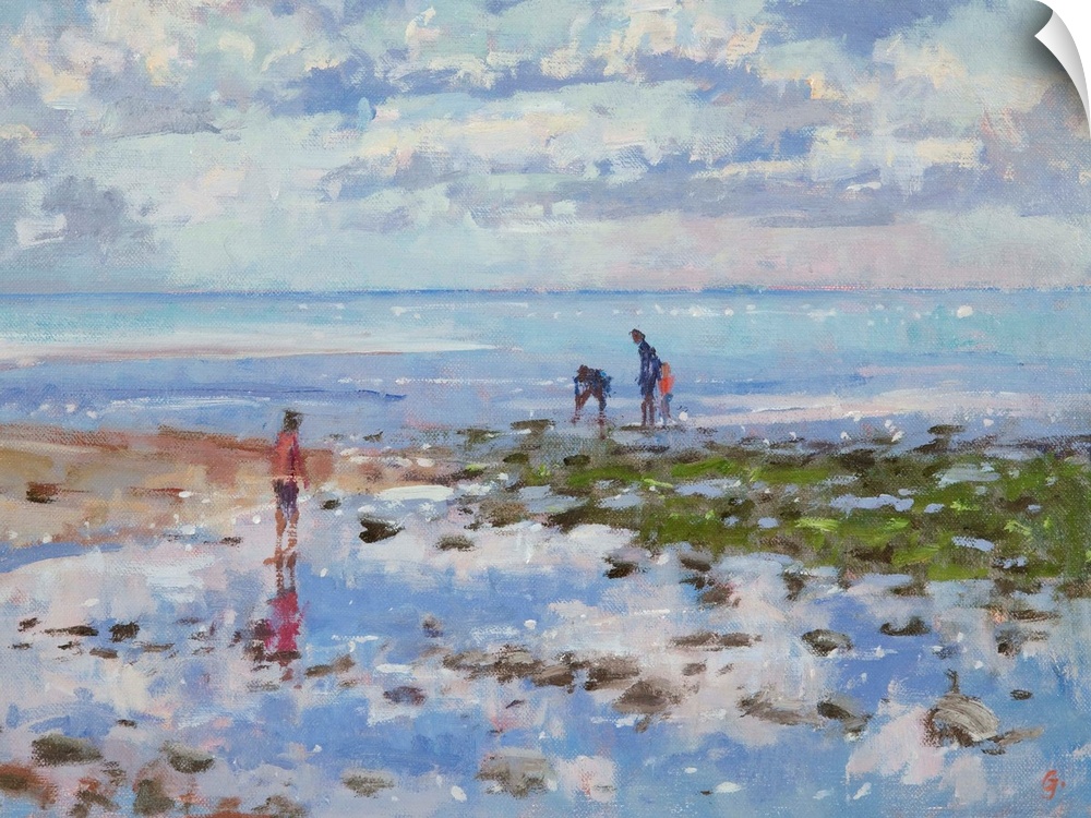 Contemporary painting of three people at the beach, looking at tide pools.