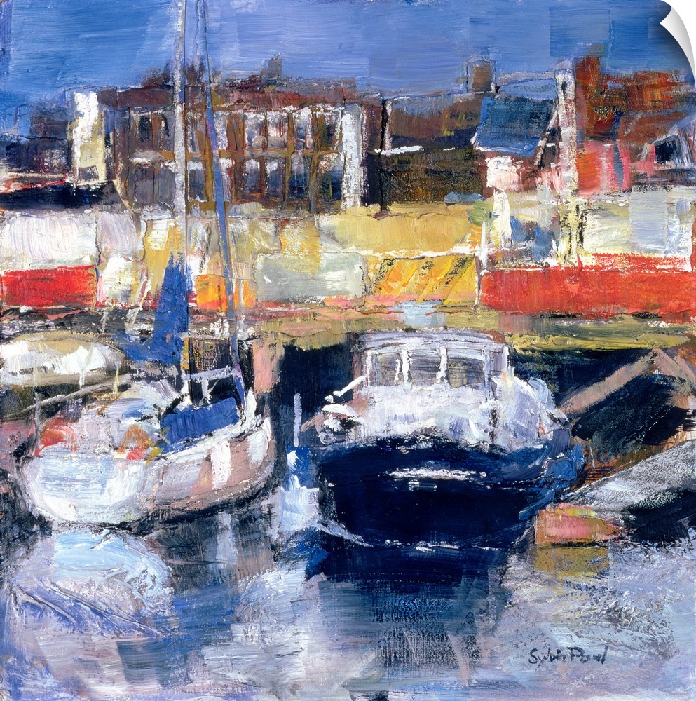 Contemporary painting of boats docked in a harbor.