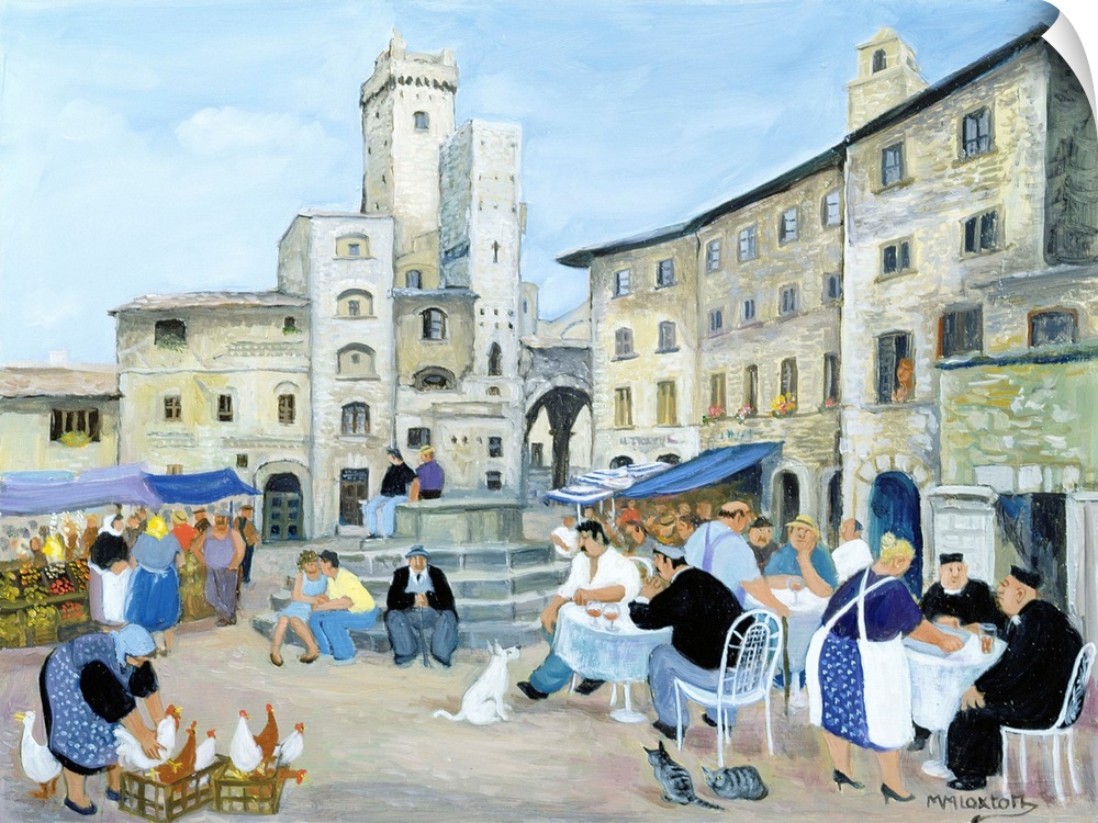 Contemporary painting of people eating outdoors in a Tuscan town.